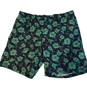 Lands End Men's XL Floral Swim Trunks Board Shorts Navy Green Hibiscus